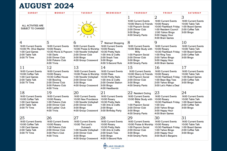 August Activity Calendar