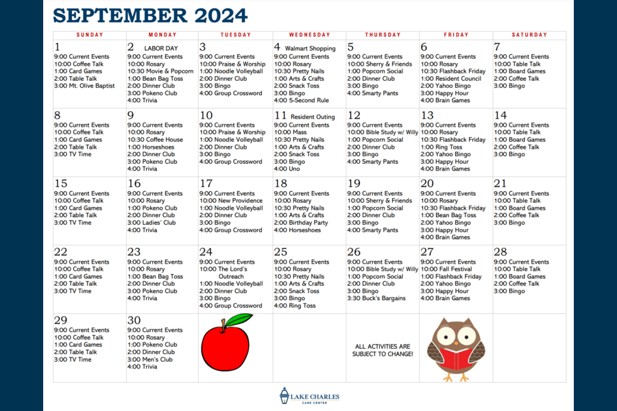 September Activity Calendar