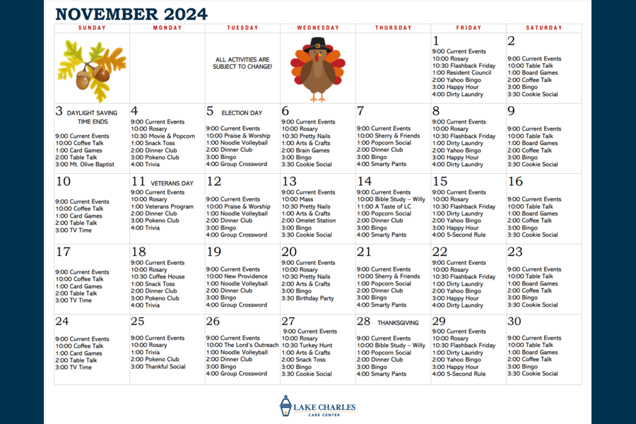 November Activity Calendar