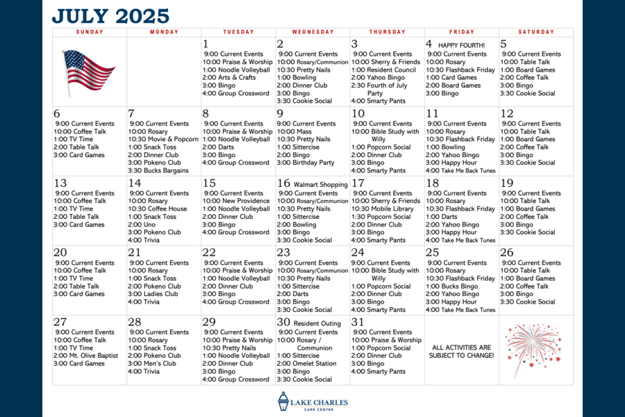 July Activity Calendar