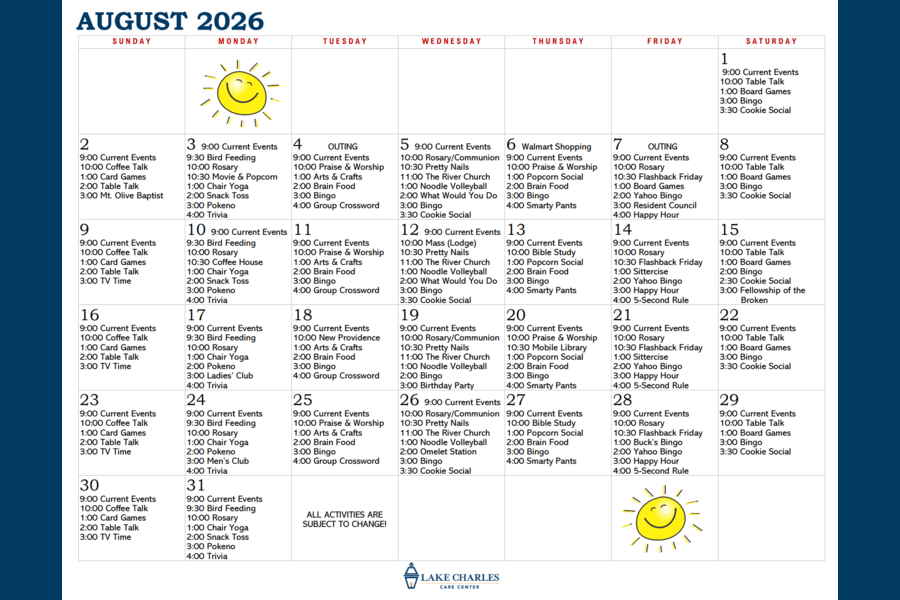 August Activity Calendar