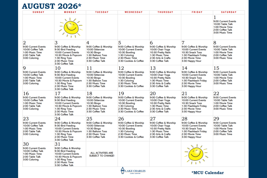 August MCU Activity Calendar